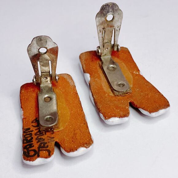 VTG 1960s Signed Garon Jamaica Earrings Ceramic Terracotta Clip On Caribbean - Picture 8 of 10